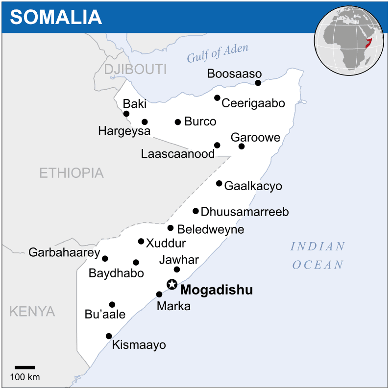 نزاعات سياسية، تراجع الدعم المالي، وصعود المتمردين؛ هل نشهد إرهاصات ما قبل انهيار حكومة مقديشو؟ 19 Somalia Location Map 2011 SOM UNOCHA.svg
