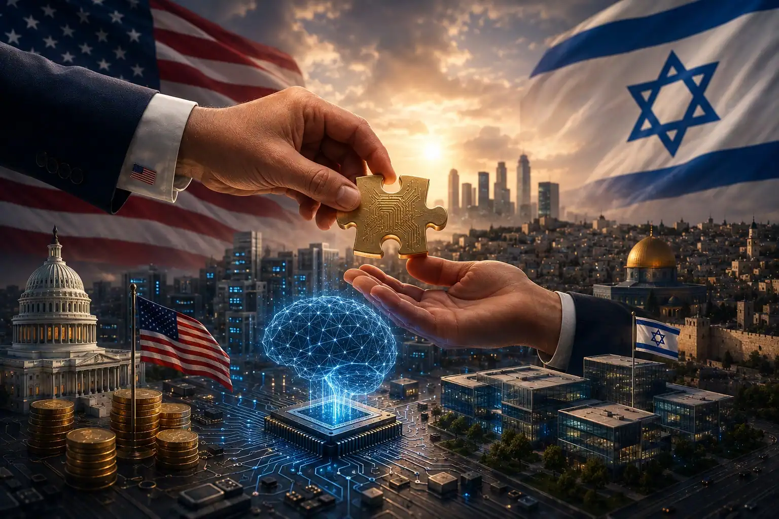 البيت الأبيض يجمع قادة الذكاء الاصطناعي في أمريكا لبحث الاستثمار 5 مشهد رمزي يُظهر يداً أمريكية تسلم قطعة أحجية تحمل دوائر إلكترونية إلى يد أخرى أمام خلفية تضم العلمين الأمريكي والإسرائيلي، مع عناصر ترمز إلى الذكاء الاصطناعي والاستثمار والتعاون التكنولوجي.