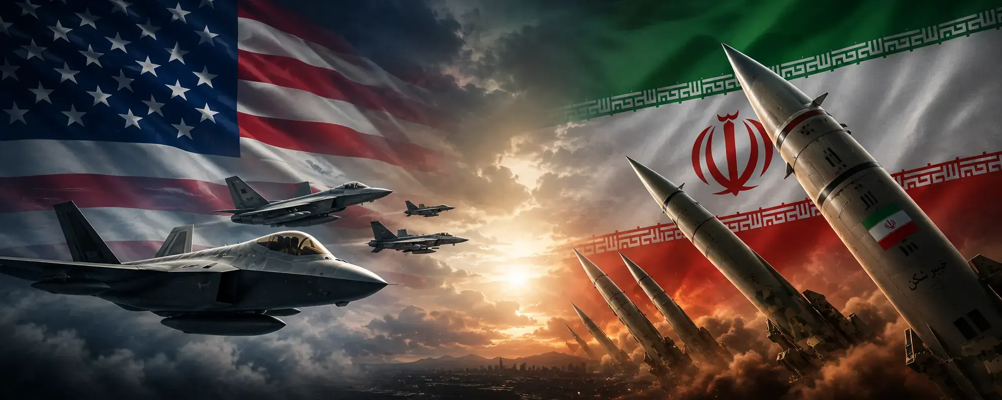 ضربات متبادلة بين إيران وأمريكا ونيران تصل إلى الكويت 1 تبادل ضربات عسكرية بين الولايات المتحدة وإيران مع ظهور مقاتلات أمريكية وصواريخ إيرانية أمام علمي البلدين وسط تصاعد التوترات في الخليج.